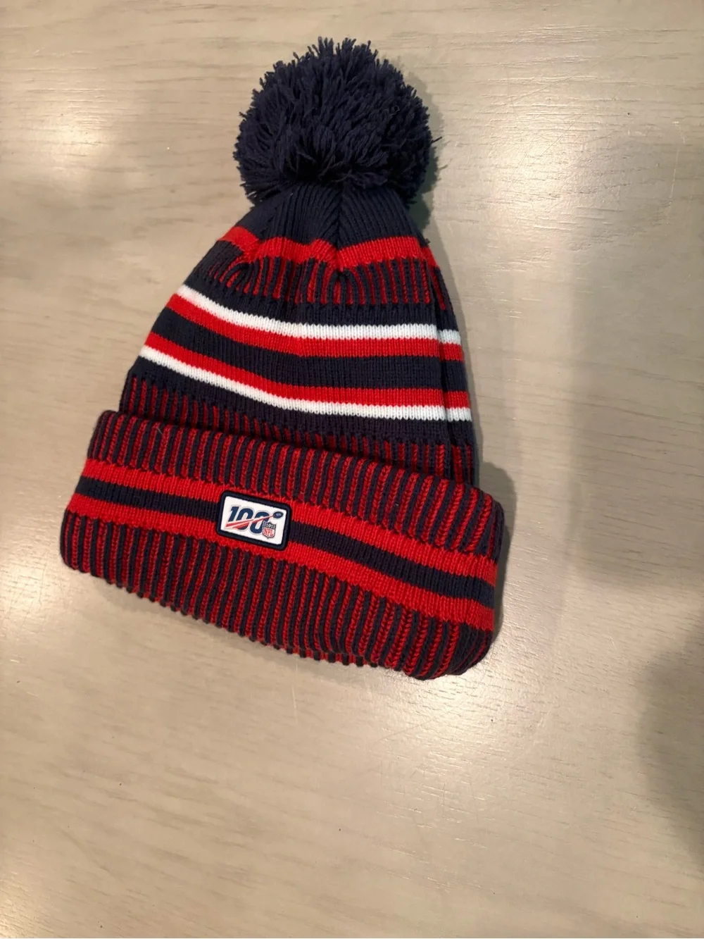 New Era Kids Navy, Red & White Pom Beanie with Patriots Patch